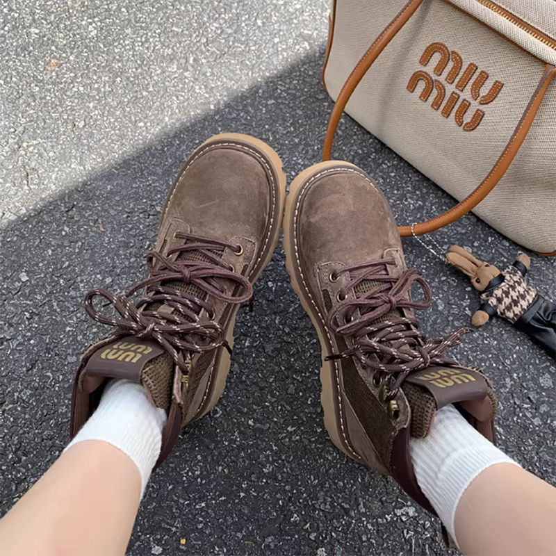 Giày bốt ngắn da bò kiểu Anh có dây buộc đôi, mũi tròn, đế dày, giày bốt Martin cổ điển dành cho nữ, giày đi bộ đường dài ngoài trời bằng da thật