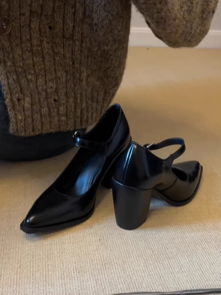 Phiên bản da cừu ~ Giày cao gót cổ điển kiểu Pháp dành cho nữ, mũi nhọn thon gọn, giày đơn da thật thanh lịch, dây đeo mắt cá chân, giày da màu đen