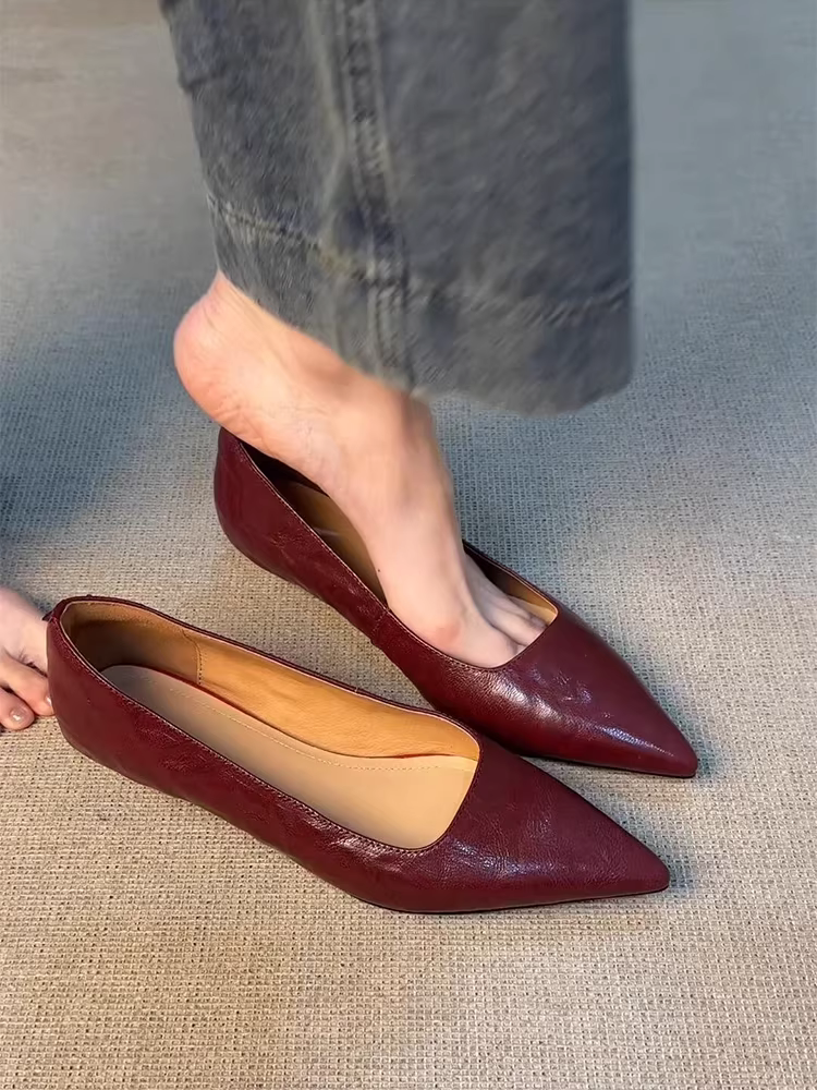 Phiên bản da cừu ~ Giày da đế thấp đi làm mũi nhọn, giày công sở thanh lịch, giày nữ kiểu dáng cổ điển, mũi nông, kiểu lười