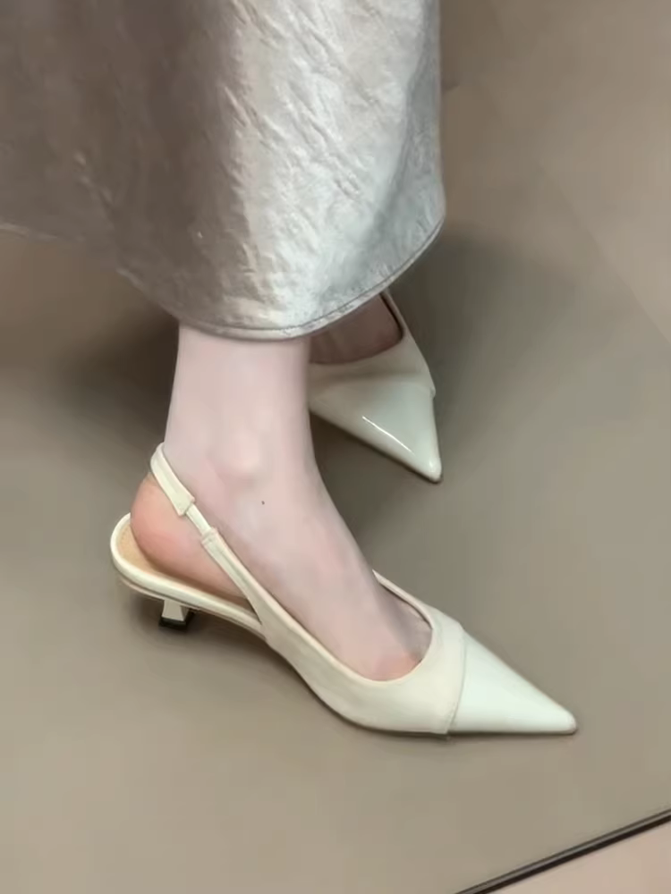 Phiên bản da cừu ~ Giày nữ da thật phong cách cổ tích Pháp, giày sandal cao gót mũi nhọn hở lưng đơn giản, thanh lịch