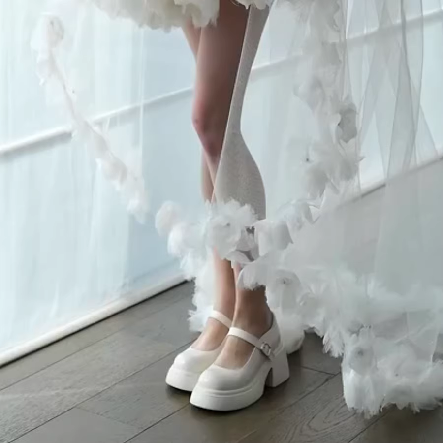 Pear Xiaoqi~ Giày Mary Jane màu trắng dành cho nữ, giày dạ hội phong cách Pháp, da thật, gót dày, đế dày, giày cưới, giày phù dâu thanh lịch