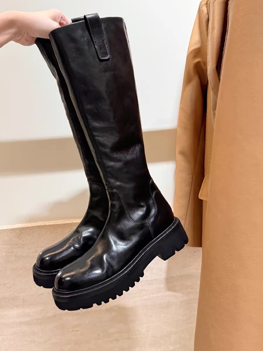 Phiên bản da bò~ Giày bốt hiệp sĩ cao cổ kiểu Anh cổ điển, mũi tròn, đế dày, gót thô, dài qua đầu gối, có khóa kéo phía sau dành cho nữ