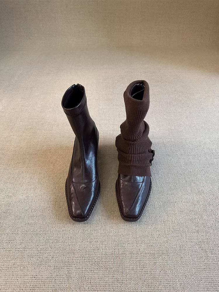 Phiên bản da bò ~ Giày bốt ngắn gót vuông mũi vuông thanh lịch và tôn dáng dành cho nữ có khóa kéo phía sau, da thật, bốt thon gọn co giãn đơn giản và thời trang.