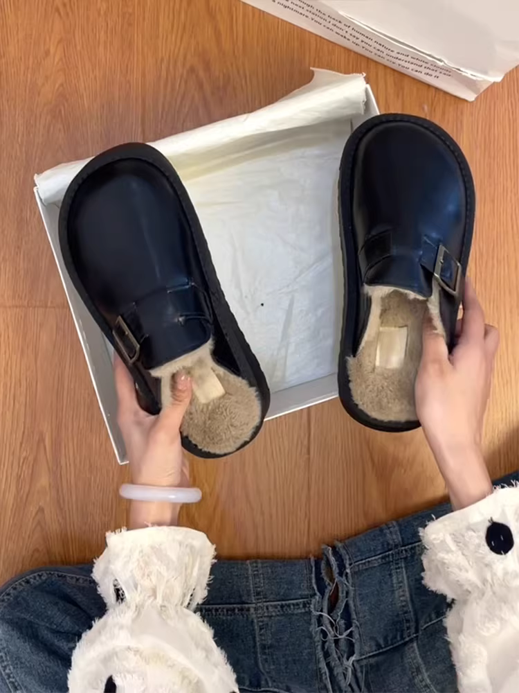 Phiên bản da cừu ~ Giày mules đế dày có lông cừu dành cho nữ, giày lông kiểu Birkenstock bằng da thật cổ điển.
