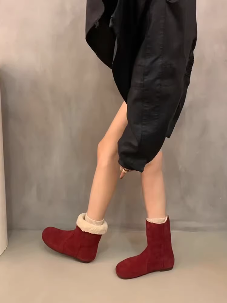 Phiên bản da bò ~ Giày bốt da lộn màu đỏ cổ điển đa năng, thanh lịch dành cho nữ, giày bốt ngắn kiểu Birkenstock đế bằng, lót lông cừu giữ ấm mùa đông