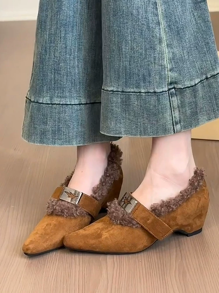Phiên bản da cừu ~ Giày Mary Jane mũi nhọn kiểu retro sang trọng dành cho nữ với khóa kim loại và đế tăng chiều cao ẩn, lót lông, kiểu đơn giản