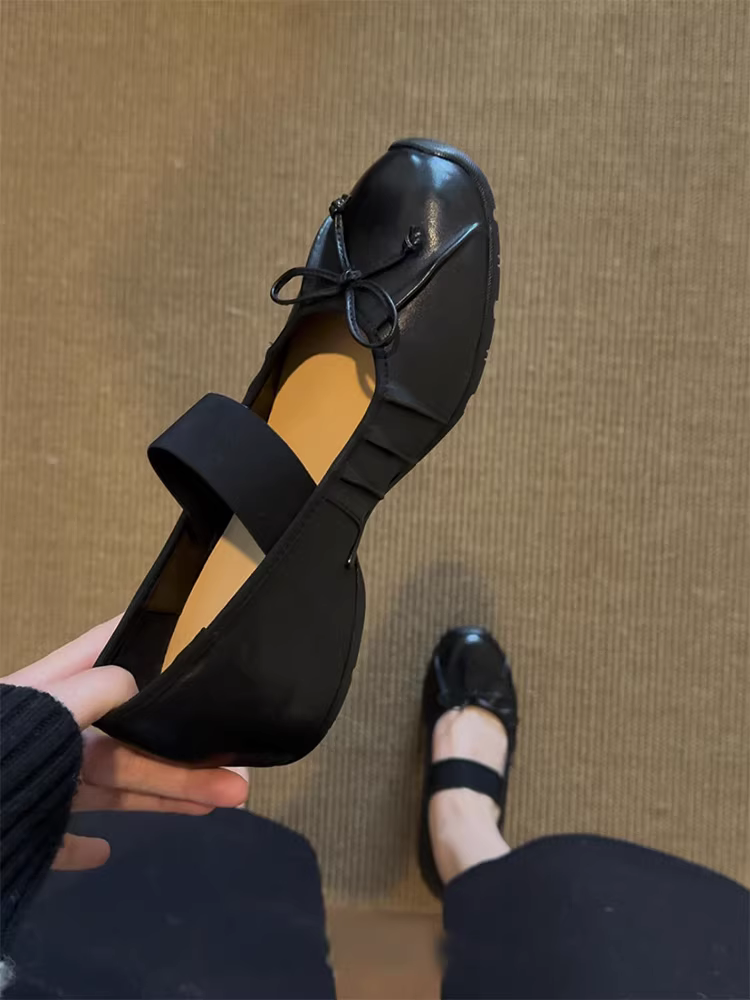 Phiên bản da cừu ~ Giày Mary Jane kiểu nơ dành cho nữ có độ tăng chiều cao ẩn, quai đơn, đế mềm, giày bệt màu đen đa năng