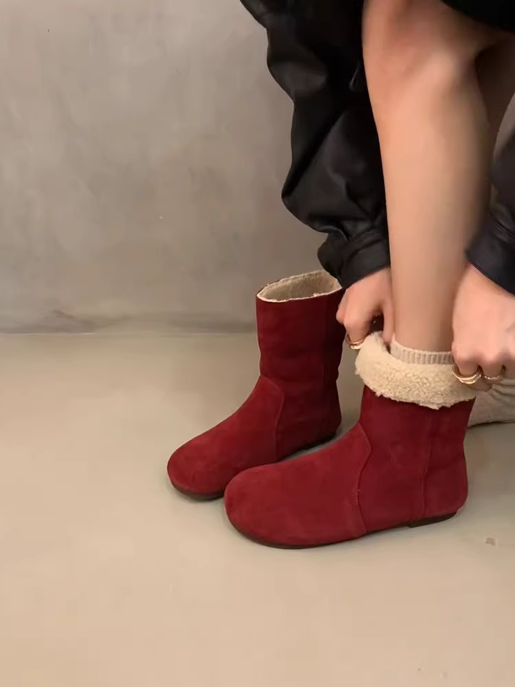 Phiên bản da bò ~ Giày bốt da lộn màu đỏ cổ điển đa năng, thanh lịch dành cho nữ, giày bốt ngắn kiểu Birkenstock đế bằng, lót lông cừu giữ ấm mùa đông