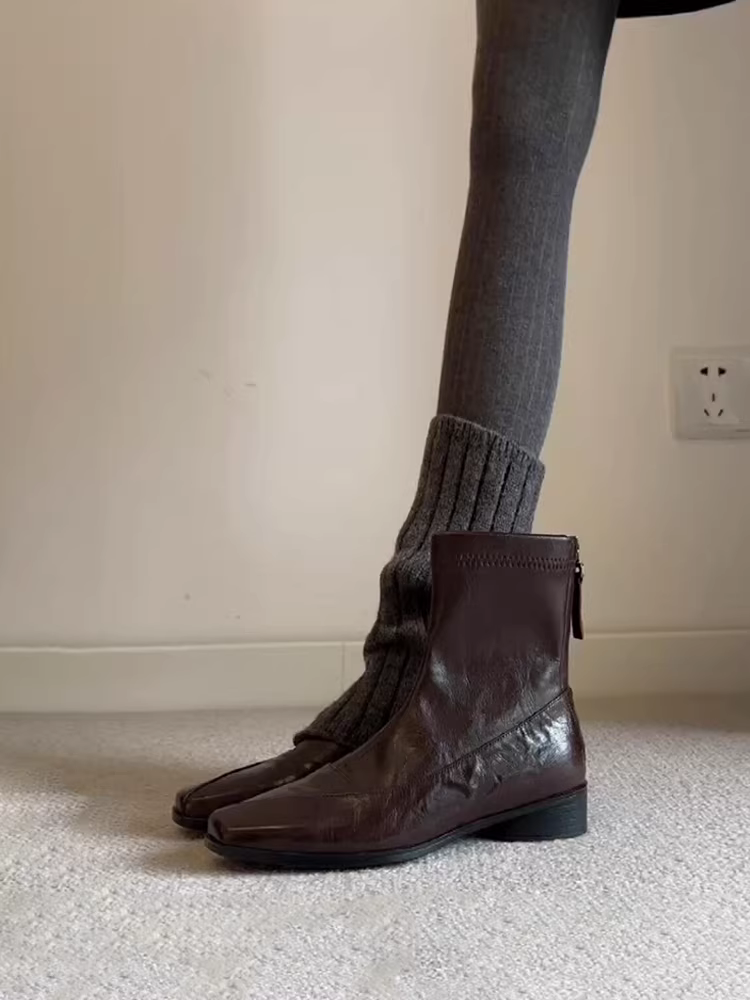 Phiên bản da bò ~ Giày bốt da thật kiểu dáng cổ điển, đa năng, kiểu dáng thon gọn dành cho nữ, mũi vuông đơn giản, gót thấp, khóa kéo phía sau, chất liệu thun co giãn