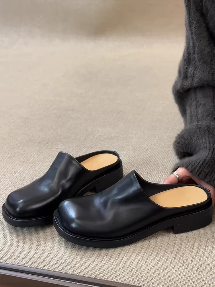 Phiên bản da cừu ~ Giày Birkenstock đế vuông, gót dày, kiểu retro đa năng mới dành cho nữ, kiểu mules không dây, mũi kín.