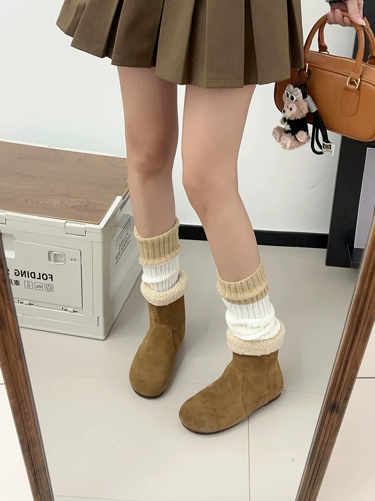 Phiên bản da bò ~ Giày bốt cotton lông kiểu Birkenstock lót lông cừu ấm áp dành cho nữ, giày bốt đi tuyết đế bằng da lộn đa năng kiểu cổ điển