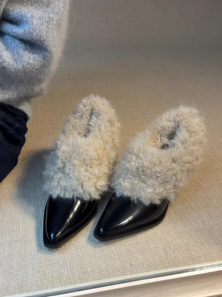 Phiên bản da cừu ~ Giày lông thú đa năng mùa thu đông dành cho nữ, giày cotton ấm áp có lót lông cừu kiểu cổ điển, giày đơn cao gót mũi nhọn