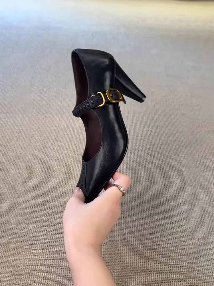 Phiên bản da cừu ~ Giày Mary Jane mũi nhọn cổ điển kiểu Pháp phong cách cổ điển dành cho nữ, giày đế bằng da thật dệt