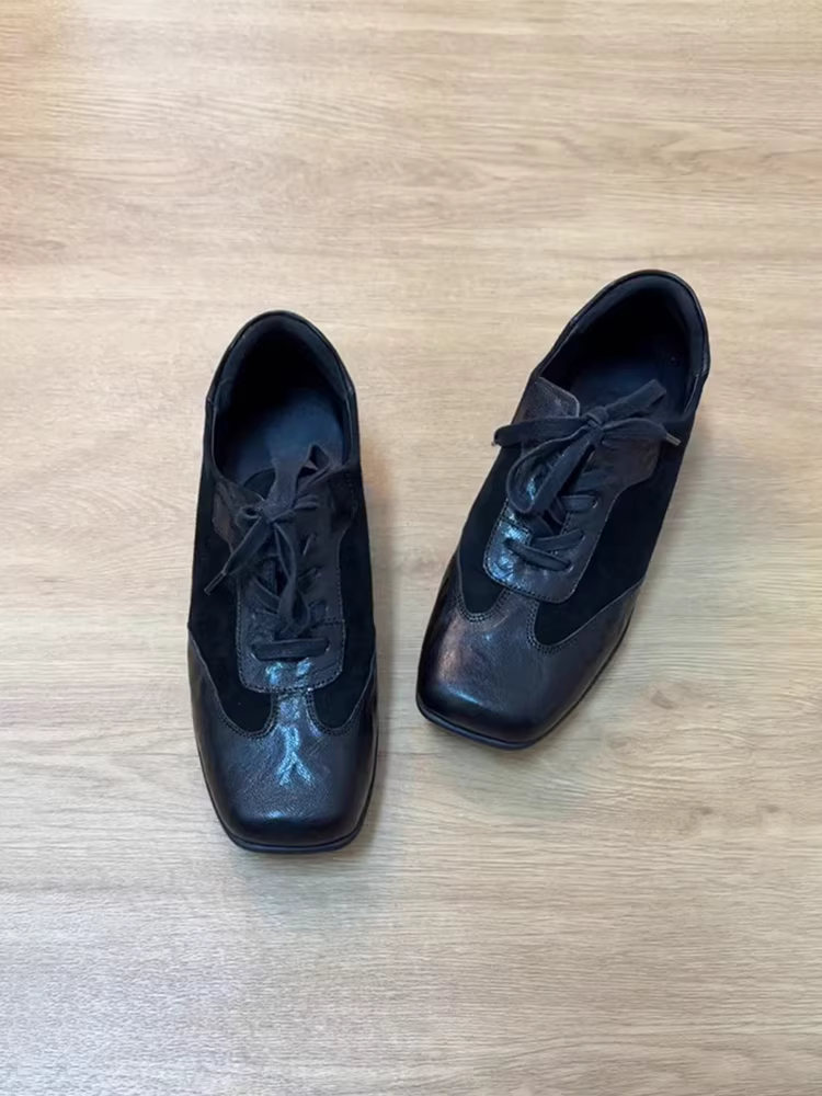 Phiên bản da cừu ~ Giày thể thao buộc dây miệng sâu bằng da thật mới, giày buộc dây mũi vuông phong cách cổ điển mùa xuân và mùa thu