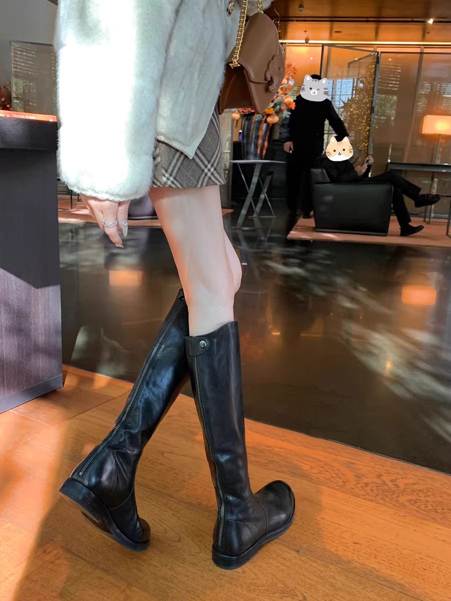 Da đã qua xử lý ~ Giày bốt hiệp sĩ đế dày xếp ly cổ điển dành cho nữ, phong cách Anh, khóa kéo phía sau, gót dày, bốt cao thẳng