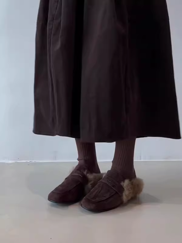 Phiên bản da bò ~ Giày lười mũi vuông kiểu dáng mới mùa thu đông Melard dành cho nữ, giày lông nhung sang trọng