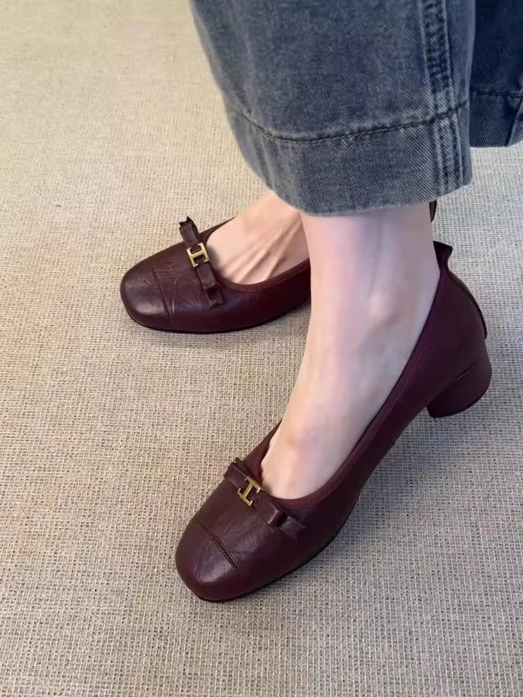 Phiên bản da cừu ~ Giày đế bằng có nơ cổ điển dành cho nữ, giày đế bệt kiểu Pháp thanh lịch kiểu Pháp, giày Mary Jane da thật kiểu Pháp