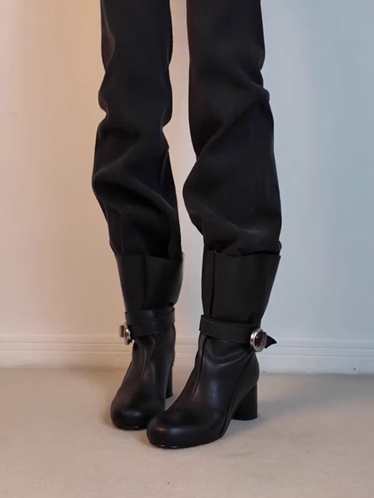 Phiên bản da bò ~ Giày bốt cổ ngắn mũi tròn kiểu Anh cổ điển có khóa thắt lưng kiểu Anh cổ điển dành cho nữ với gót dày, da thật, giày bốt thời trang độc đáo