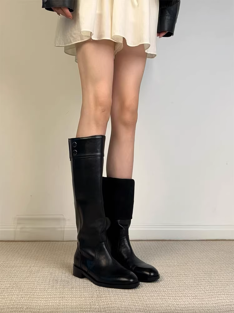 Phiên bản da bò ~ Giày bốt dài kiểu Anh màu đen dành cho nữ, đa năng khi đi làm, đơn giản, tôn dáng, thanh lịch, bốt cao quá đầu gối