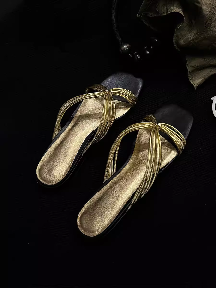 Phiên bản da cừu ~ Dép đế bằng quai ngang mũi vuông kiểu Pháp dành cho nữ, mặc ngoài trời mùa hè, dép La Mã hở mũi thanh lịch