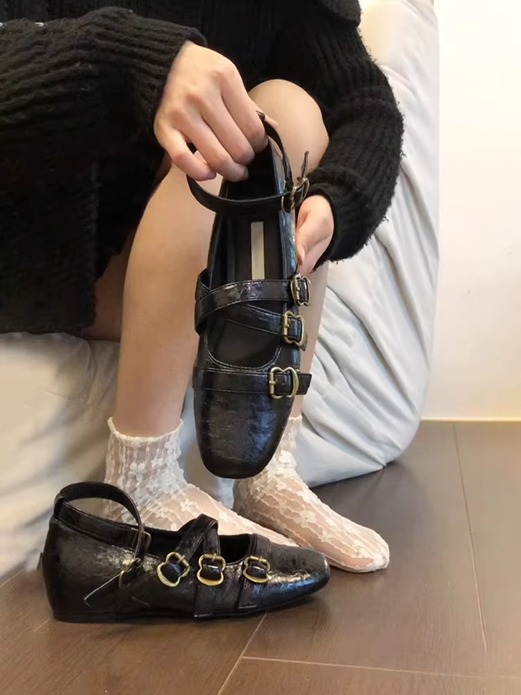 Phiên bản da cừu ~ Giày đơn đế bằng da thật tăng chiều cao theo phong cách cổ điển dành cho nữ có quai chéo và mũi vuông, giày Mary Jane đa năng theo phong cách Hàn Quốc