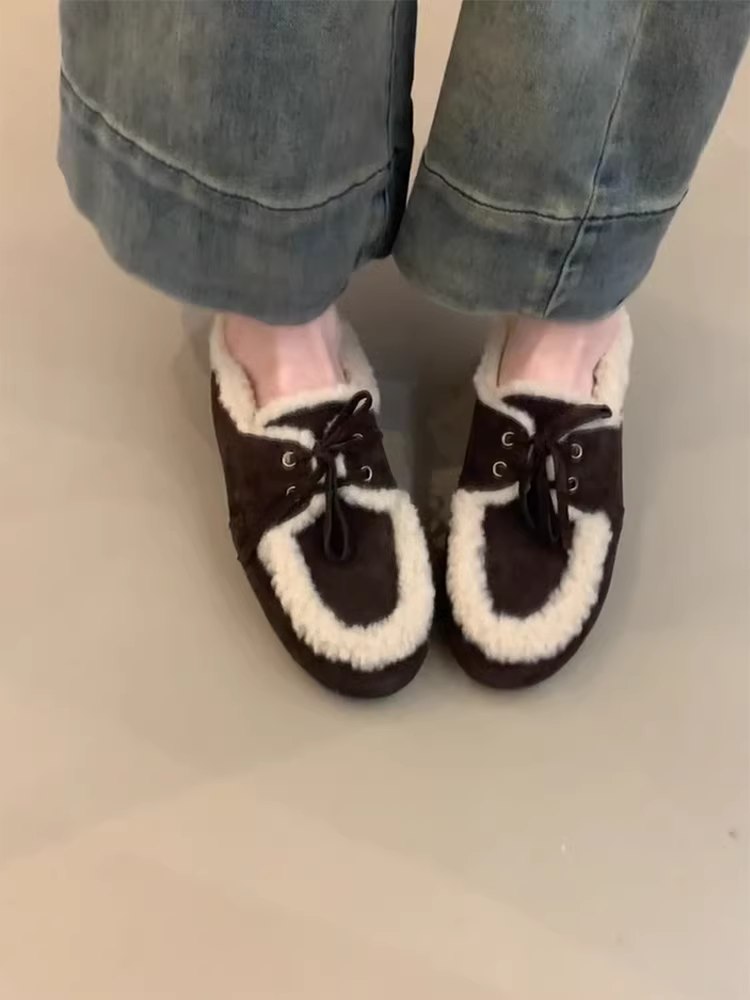 Phiên bản da cừu ~ Giày lười buộc dây ấm áp lót lông cừu dành cho nữ, giày đế bằng da lộn kiểu cổ điển, giày lông thú đa năng, giày cotton.