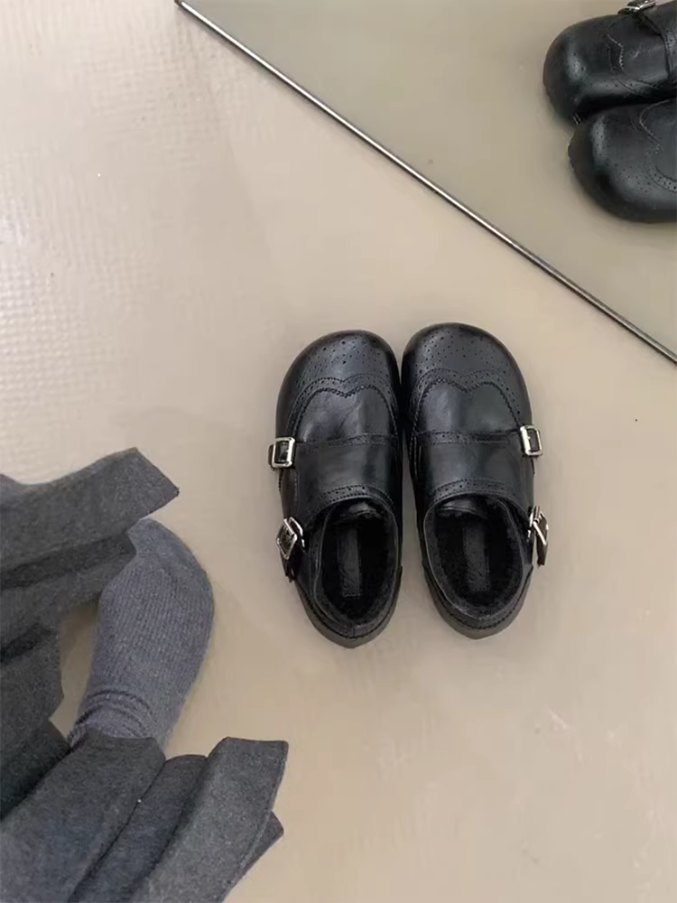 Phiên bản da cừu ~ Giày lười da thật phong cách cổ điển dành cho nữ với quai khóa đôi, kiểu dáng khoét sâu, lót lông cừu, giày da đế bằng kiểu lười