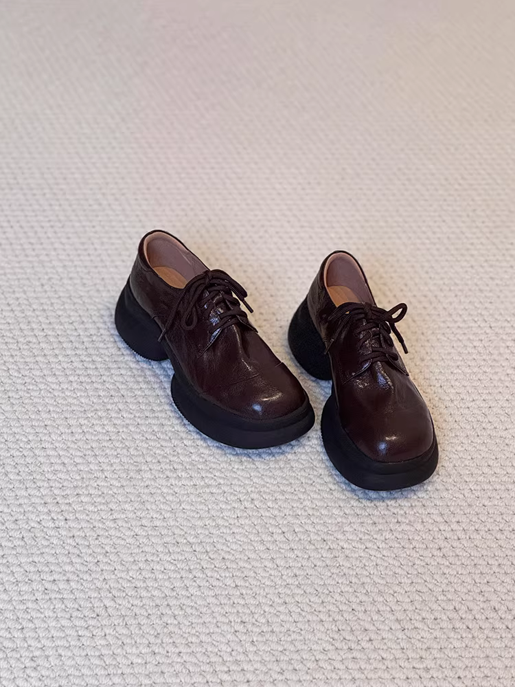 Phiên bản da cừu~ Giày lười da thật cỡ nhỏ kiểu Anh dành cho nữ với đế dày, giày lười thời trang buộc dây bằng da thật.