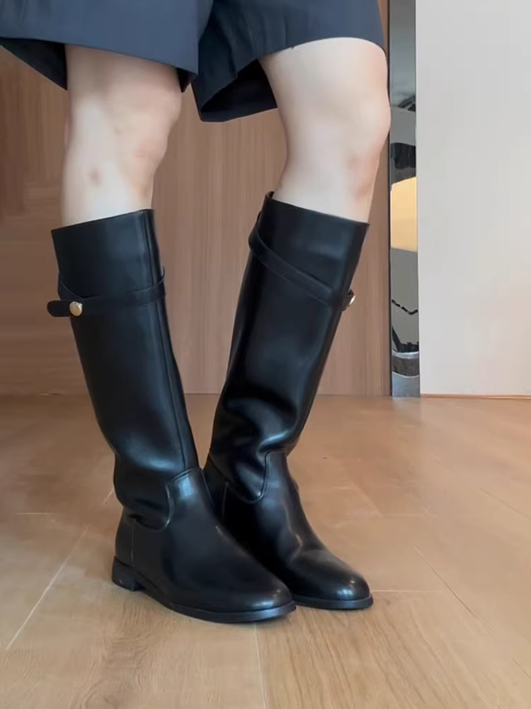 Phiên bản da bò ~ Giày bốt cao cổ da thật có khóa thắt lưng đa năng dành cho nữ, giày bốt cưỡi ngựa cao quá đầu gối màu đen cổ điển mũi tròn giúp thon gọn
