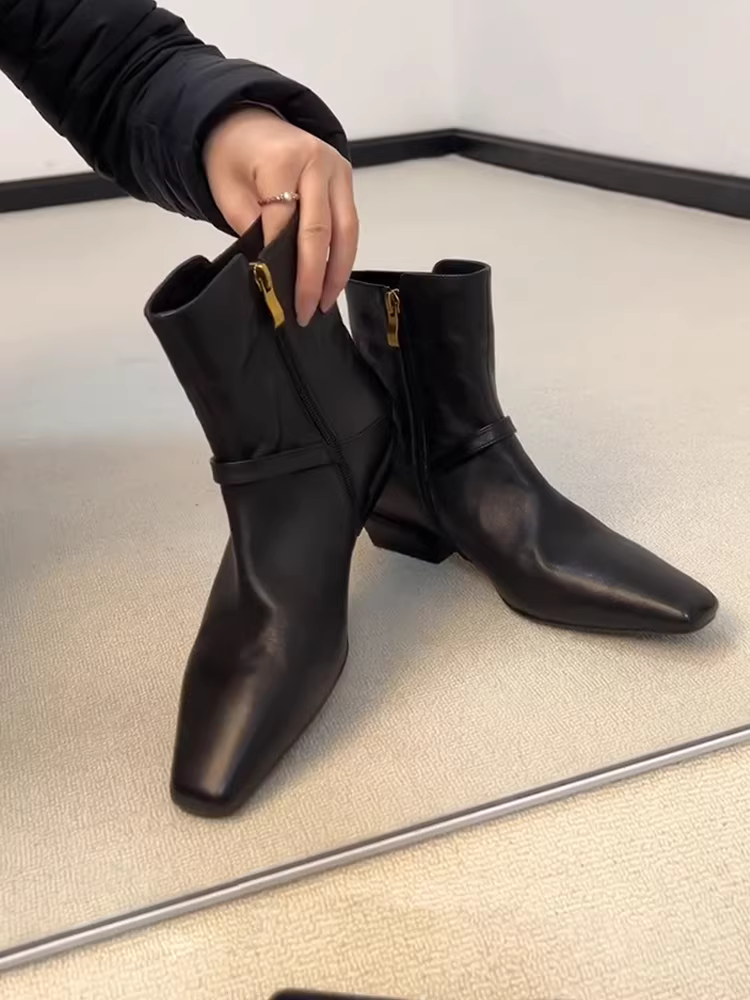 Phiên bản da cừu ~ Giày bốt ngắn mũi vuông có gót dày dành cho nữ, thanh lịch và thời trang, có khóa kéo bên hông, giúp thon gọn, giày bốt thời trang đi làm