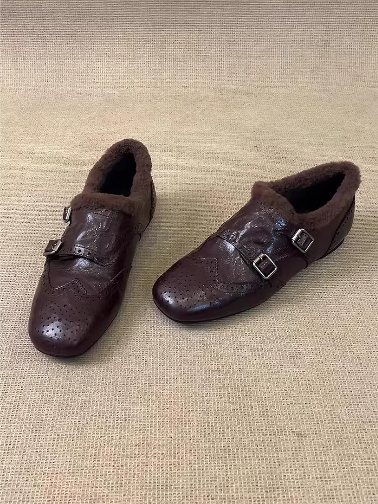 Phiên bản da cừu ~ Giày lười mũi vuông bằng da thật cổ điển dành cho nữ, giày đế bằng có lông khắc kiểu Anh