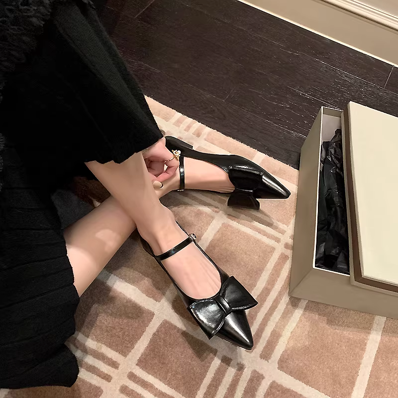 Giày bệt mũi nhọn đế thấp dành cho nữ có nơ, giày nữ thanh lịch có quai đơn, giày cổ điển Mary Jane kiểu tiên nữ dành cho buổi tối.