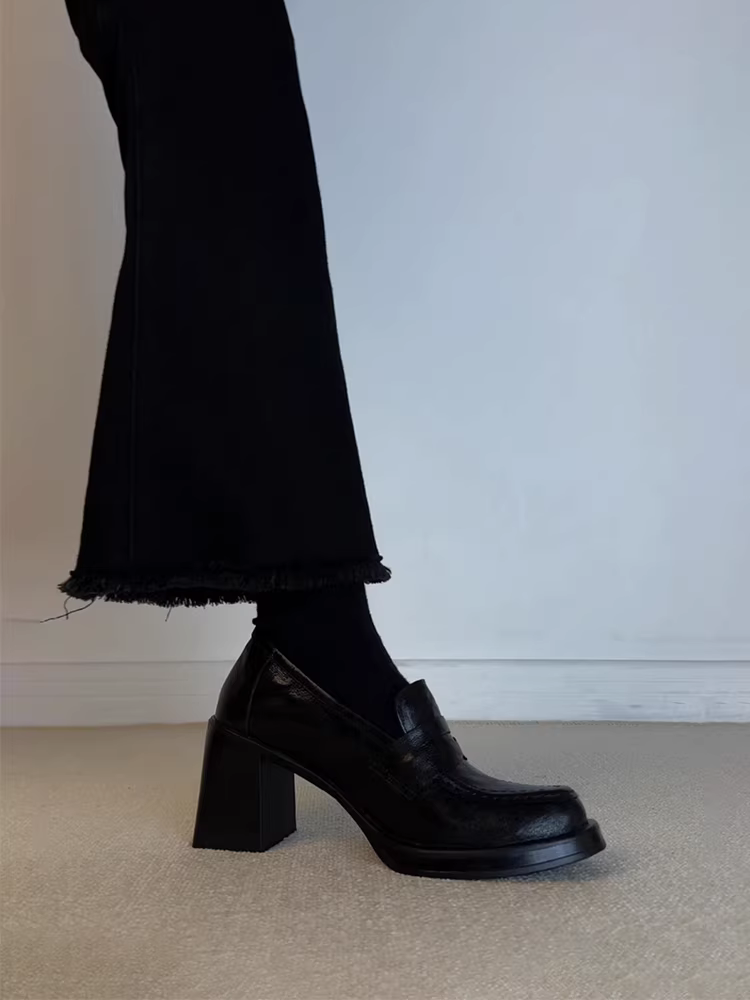 Phiên bản da cừu ~ Giày lười da thật dành cho nữ, giày lười màu đen cổ điển, giày cao gót thanh lịch để đi làm, giày da nhỏ đa năng