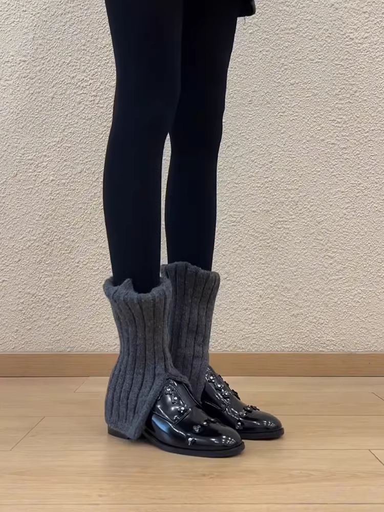 Phiên bản da cừu ~ Giày lười da bóng kiểu preppy của Anh dành cho nữ, mũi tròn, gót dày, giày da màu đen