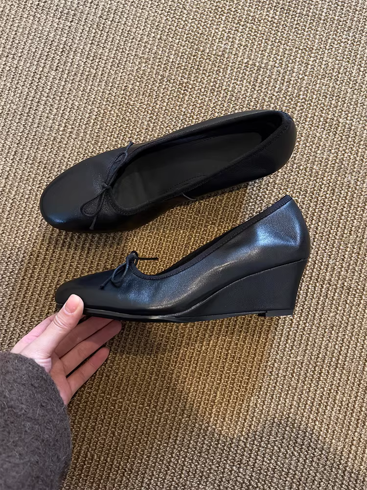 Phiên bản da cừu ~ Giày đế xuồng kiểu Pháp, giày đế xuồng nông, kiểu dáng đơn giản dành cho nữ, giày da thật mũi tròn, giày cao gót đi làm có nơ