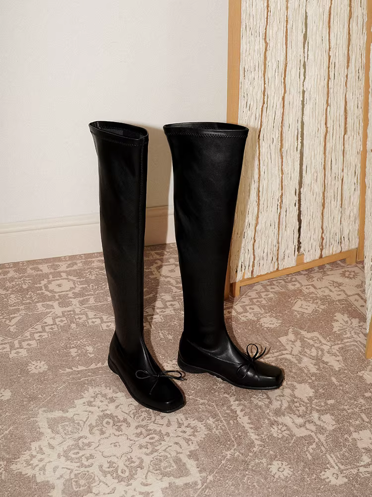 Phiên bản da bò ~ Giày bốt da thật cao quá đầu gối kiểu ballet dành cho nữ có nơ, mũi vuông, giày cao cổ màu đen thanh lịch và tôn dáng
