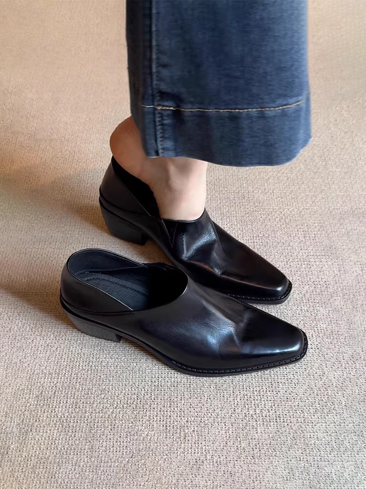 Phiên bản da cừu ~ Giày lười nữ thanh lịch, mũi vuông sâu, giày da nhỏ độc đáo, gót vừa, giày đơn da thật để đi làm.