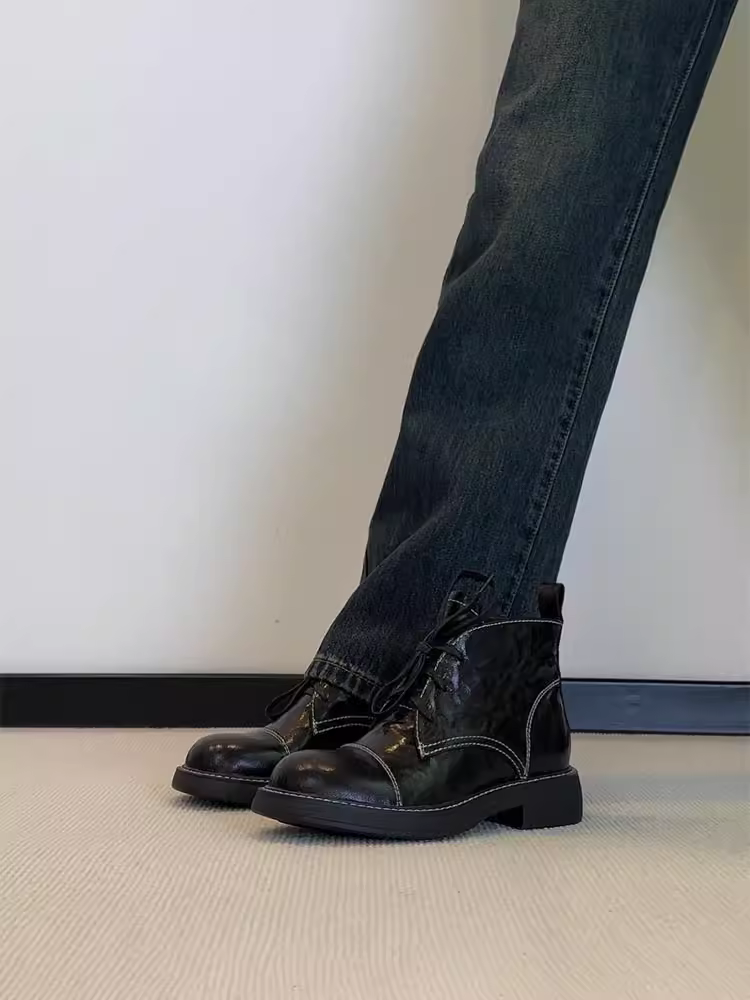 Phiên bản da bò~ Giày bốt ngắn da thật phong cách Anh quốc dành cho nữ, giày bốt Martin thời trang đi làm đa năng mũi tròn gót thấp kiểu Pháp