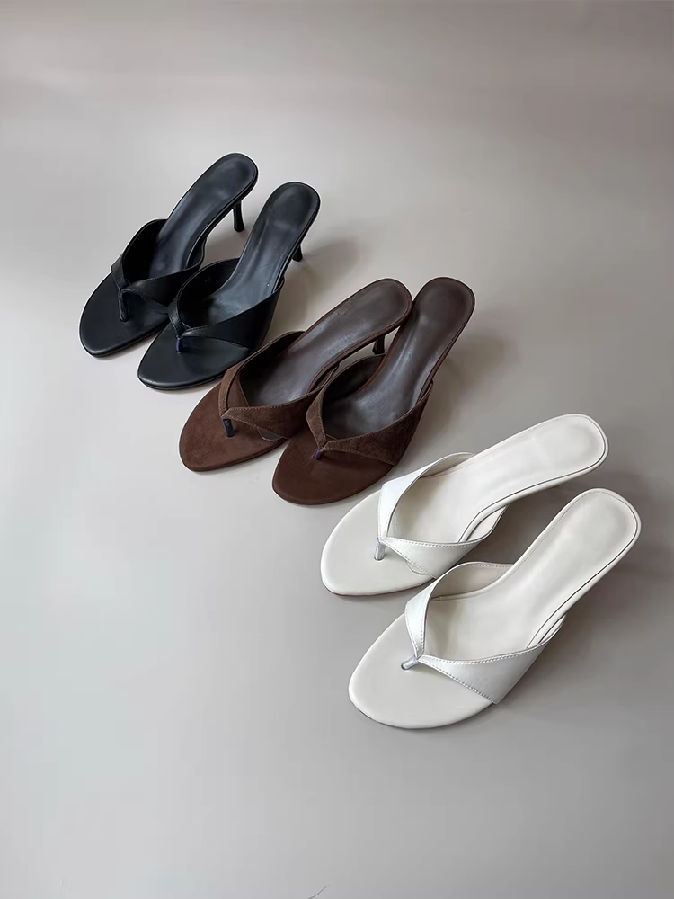 Phiên bản da cừu ~ Giày cao gót phong cách tối giản dành cho nữ, mũi tròn, hở mũi, dép mùa hè, giày cao gót, dép xỏ ngón da thật