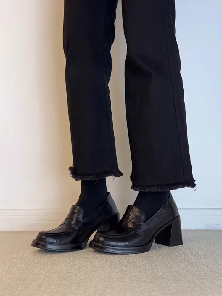 Phiên bản da cừu ~ Giày lười da thật dành cho nữ, giày lười màu đen cổ điển, giày cao gót thanh lịch để đi làm, giày da nhỏ đa năng