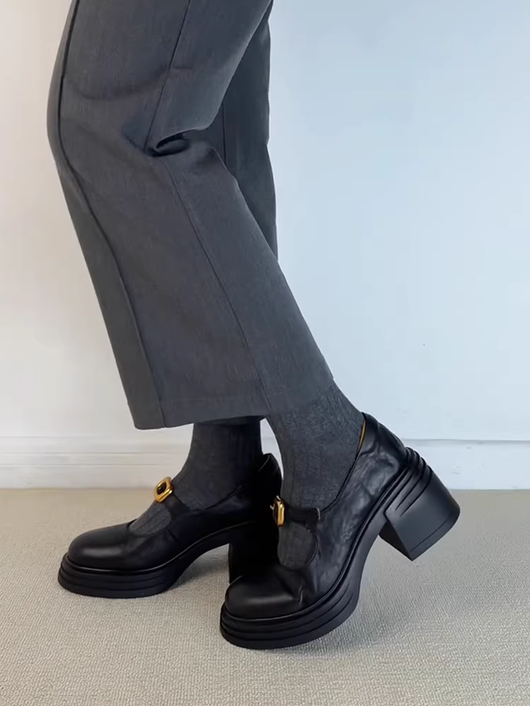 Phiên bản da cừu ~ giày lười tăng chiều cao đa năng dành cho phụ nữ nhỏ nhắn, giày da đế dày mũi tròn kiểu retro quai đơn