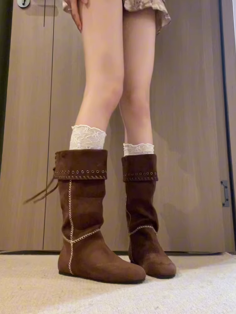 Phiên bản da bò ~ Giày cao cổ kiểu sa mạc tăng chiều cao bên trong bằng da lộn Melard dành cho nữ, giày cưỡi ngựa mũi tròn thiết kế cổ điển độc đáo