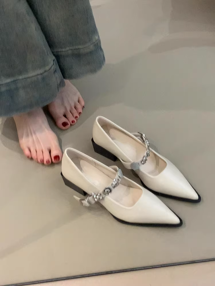 Phiên bản da cừu ~ Giày đơn nữ mũi nhọn có khóa, giày Mary Jane da thật có gót vừa, giày da nhỏ thanh lịch kiểu cổ điển miệng nông