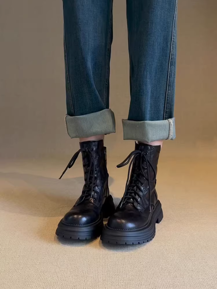 Phiên bản da bò ~ Giày bốt Martin đế dày mũi tròn bằng da thật dành cho nữ, đa năng, thon gọn, buộc dây, bốt ngắn phong cách cổ điển kiểu Anh