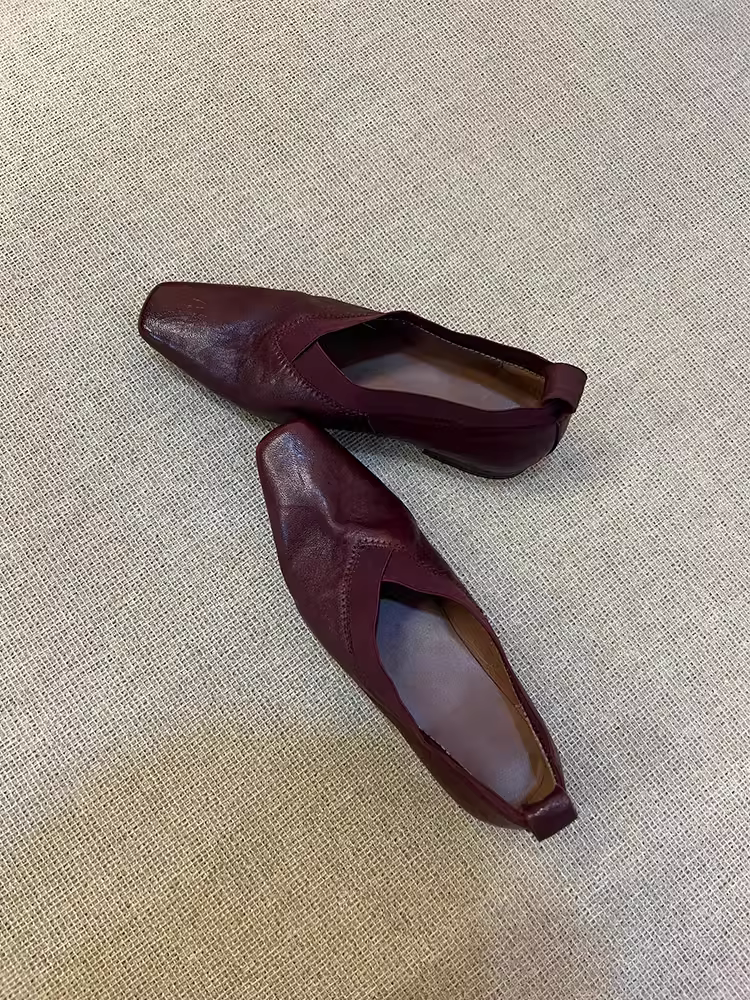 Phiên bản da cừu ~ giày đế bằng da mềm phong cách cổ điển dành cho nữ, giày ba lê mũi vuông bằng da thật để phối với váy, giày lười