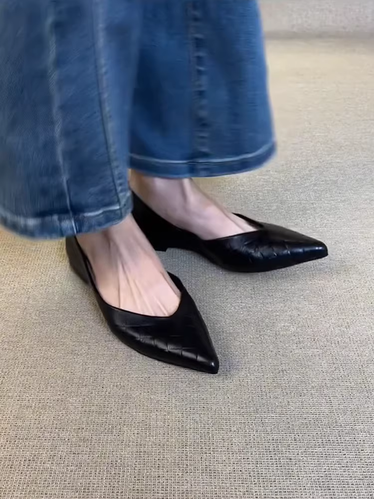 Phiên bản da cừu ~ Giày mũi nhọn đi làm bằng da mềm thoải mái dành cho nữ, giày đế bằng nông đơn giản kiểu cổ điển kiểu cổ điển