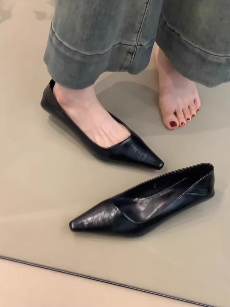 Phiên bản da cừu ~ Giày mũi nhọn gót nhọn đa năng theo phong cách tối giản dành cho nữ, giày đế bằng da thật kiểu cổ điển đi làm