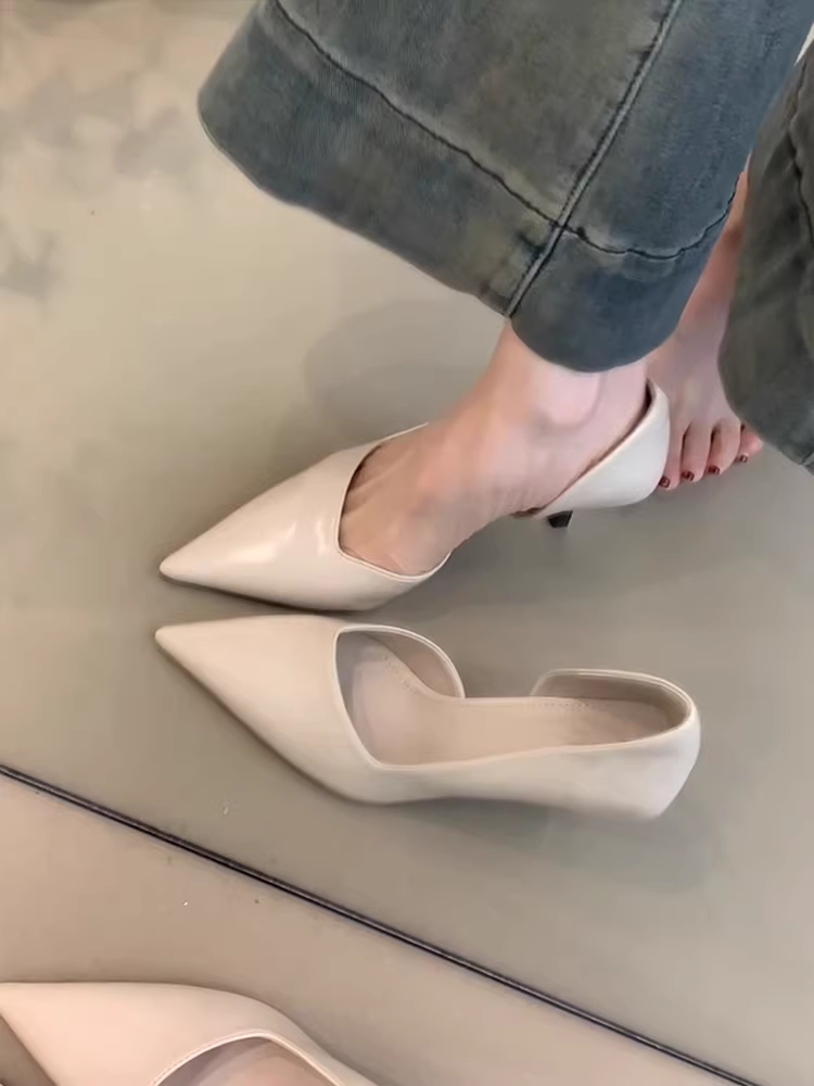 Phiên bản da cừu ~ Giày cao gót mũi nhọn kiểu Pháp dành cho nữ, gót nhọn, đa năng khi đi làm, kiểu lười, giày đơn miệng nông đa năng.