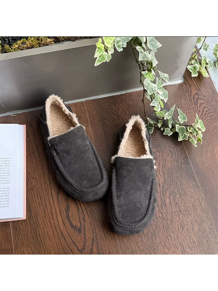Phiên bản da cừu ~ Giày Birkenstock kiểu lười dành cho nữ, giày da lộn đế dày đơn giản, thích hợp cho mùa thu đông, giày cotton lót lông cừu ấm áp