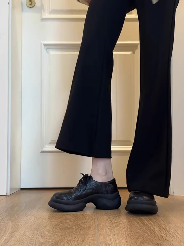 Phiên bản da bò ~ Giày lười buộc dây cổ sâu bằng da thật đế dày đơn giản dành cho phụ nữ nhỏ nhắn, giày da đế xuồng kiểu Pháp hợp thời trang.